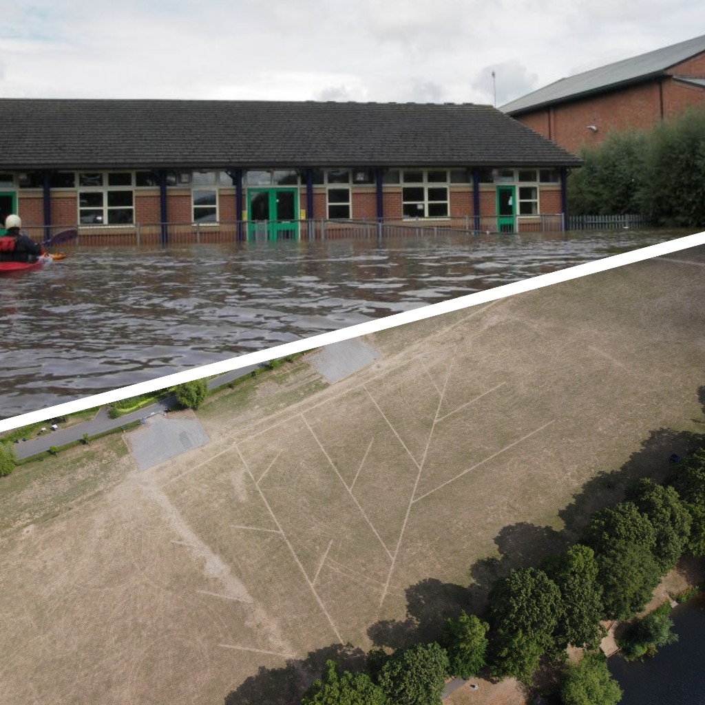 A split image with a flooded building at the top and a drought hit piece of land at the bottom