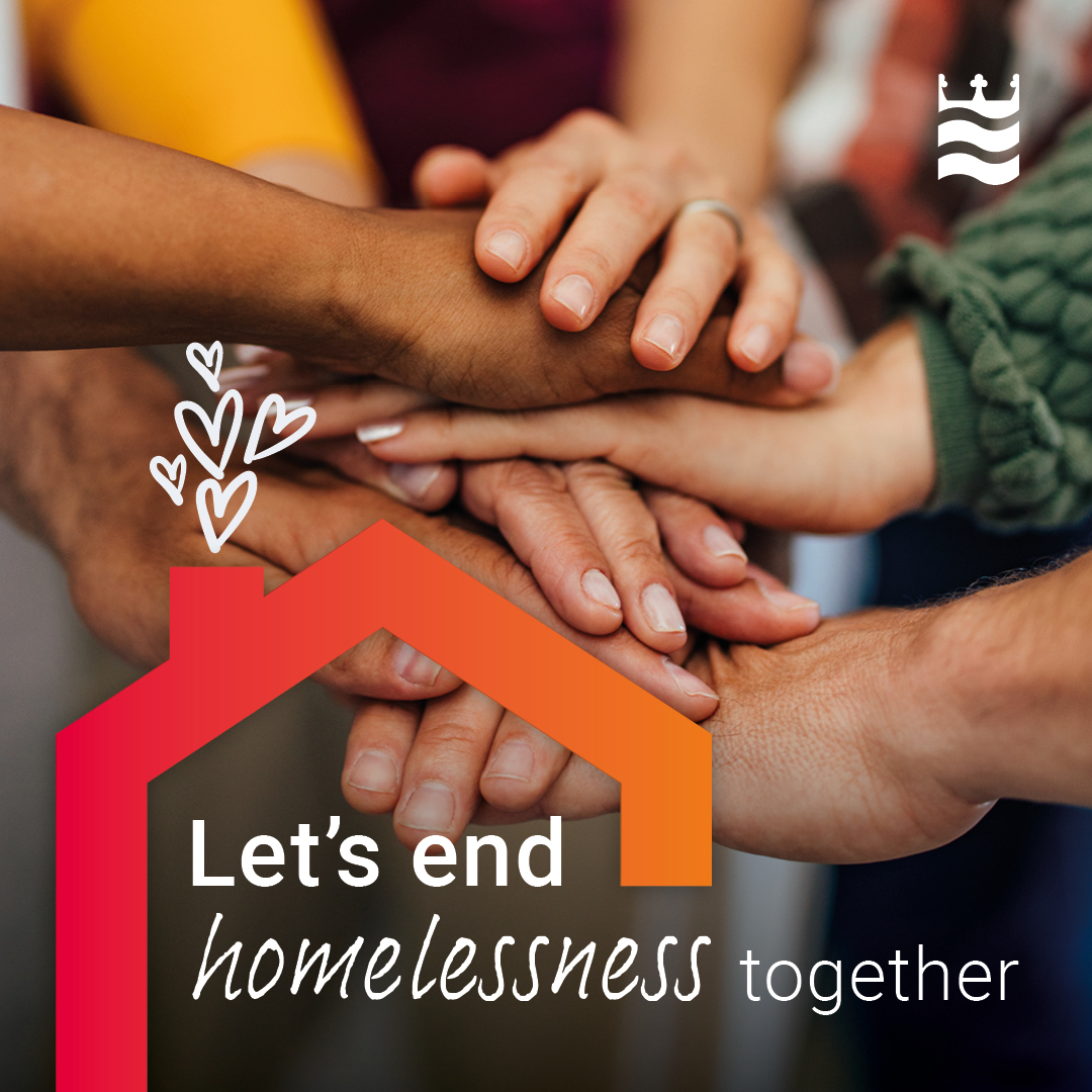 Hands stacked on top of each other with a housing image and the words Let's end homelessness together