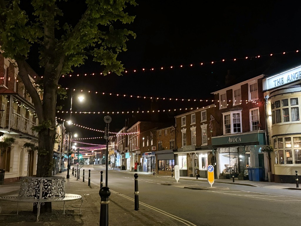 Shot of the lighting scheme in Pershore Town Centre
