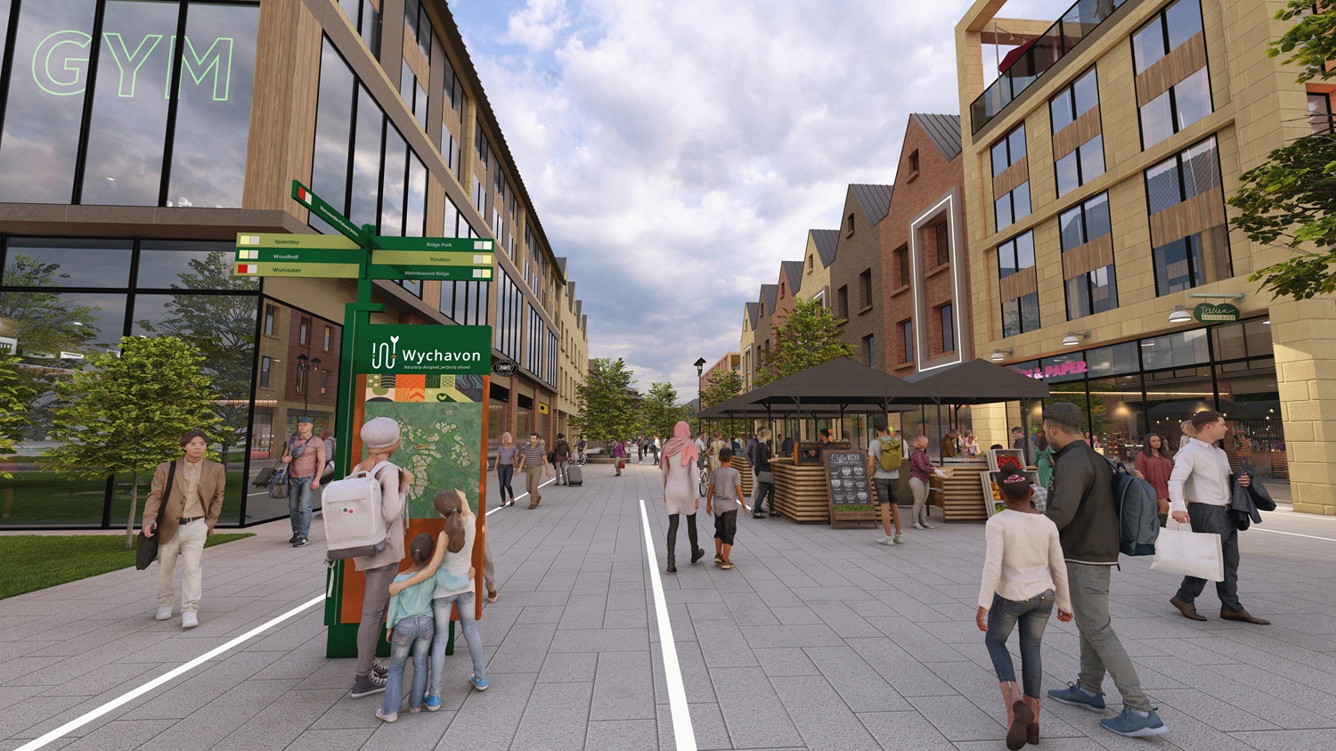 A CGI of Wychavon Town Centre with people walking up a high street with shops and businesses either side