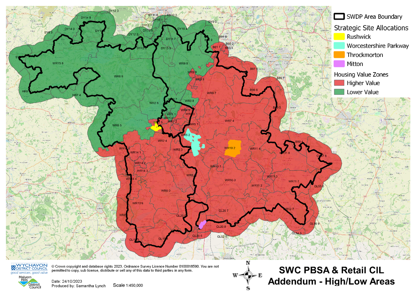 Map 1: Map of the higher and lower value areas in south Worcestershire and locations of the strategic sites in the SWDP Review