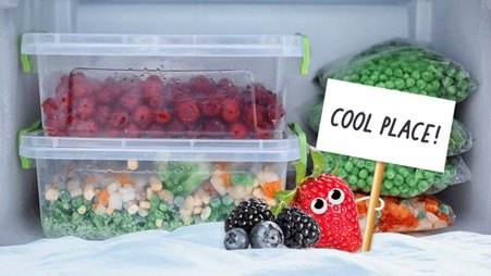 Tubs of frozen fruit and veg in a freezer and a strawberry holding a sign saying cool place?