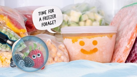 Food in a freezer including a tub of beans with a face and a speech bubble with the words time for a freezer forage