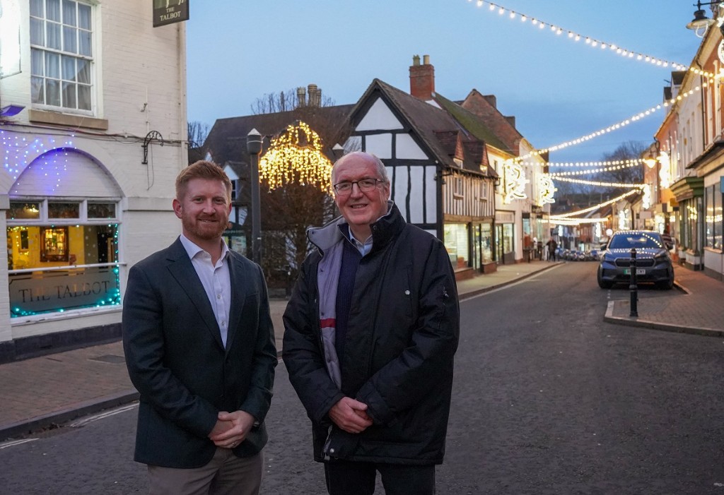Matt Nicol and Cllr Richard Morris in front of the lights in Droitwich Spa high street,