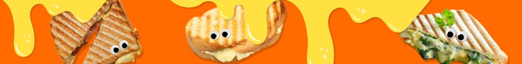 Three toasted sandwiches with eyes on an orange background