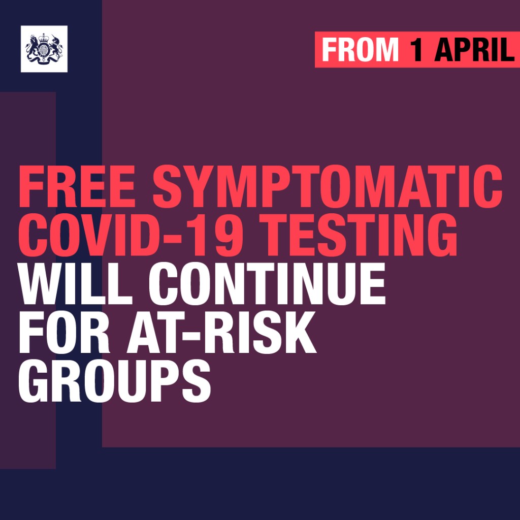 Banner ad promoting the fact free symptomatic Covid-19 testing will continue to be free for at risk groups.