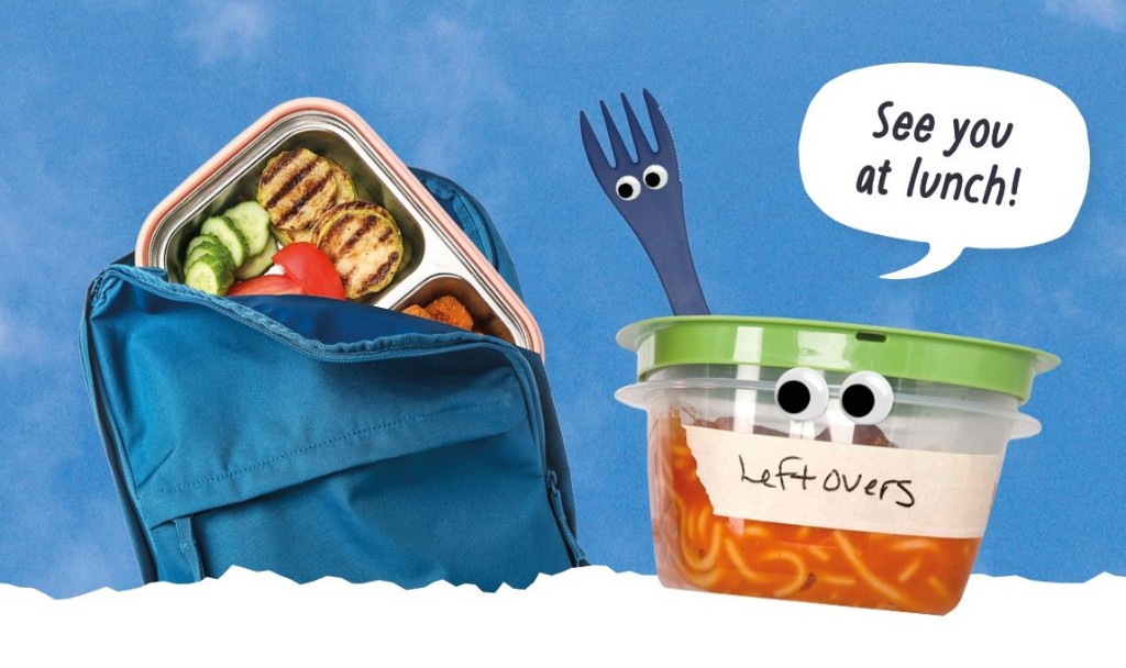 A bag with a lunchbox poking out and a plastic tub with food in with the label leftovers