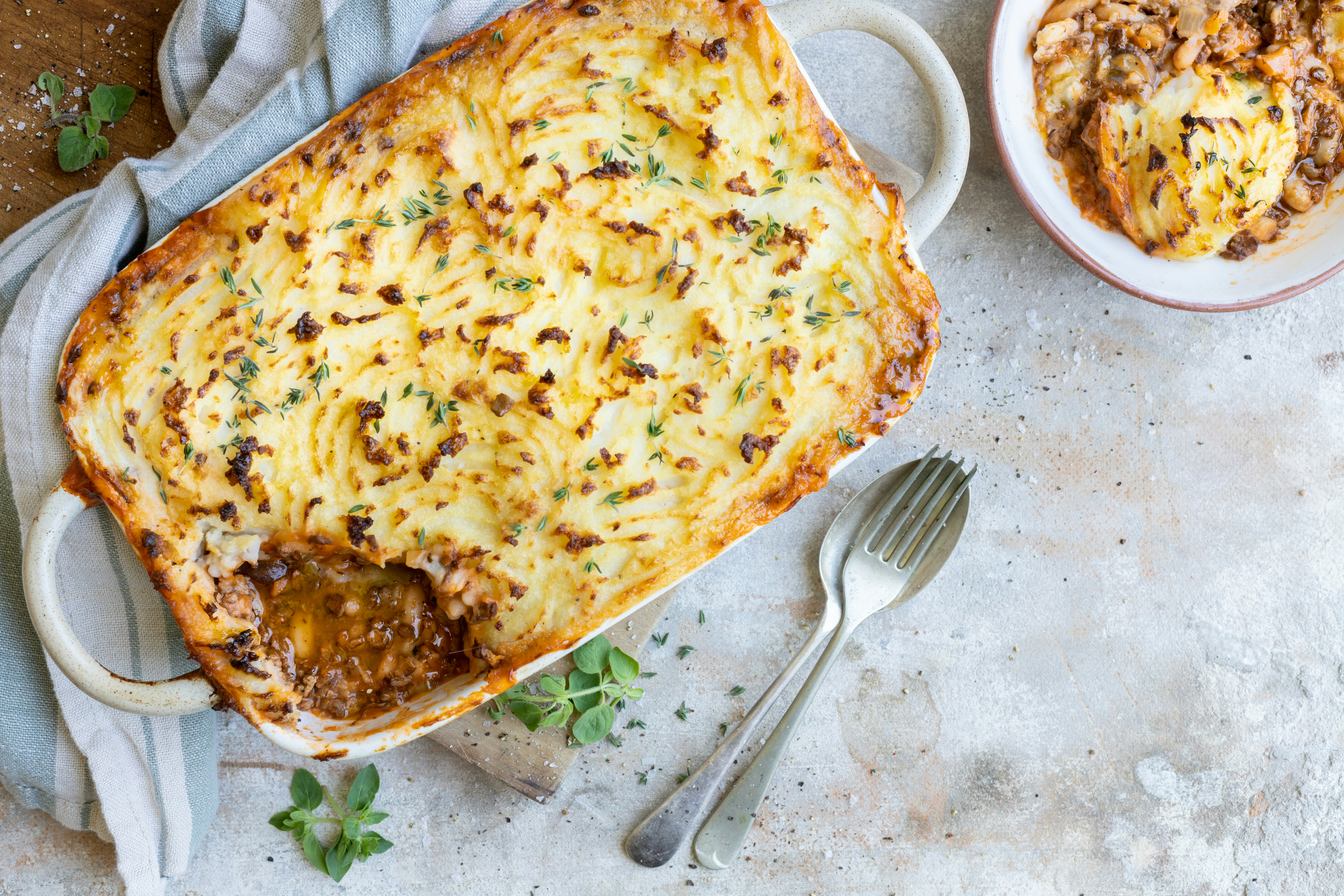 Shepherds pie with fork and spoon utensil