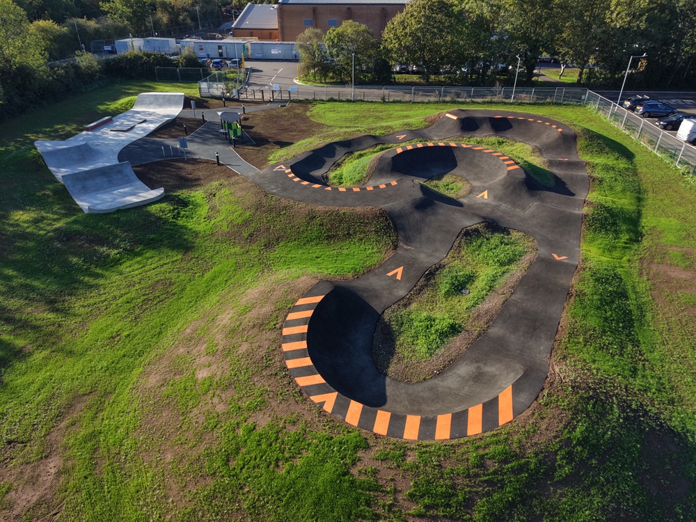 Overhead shot of the new pump track and skate park in Droitwich Spa