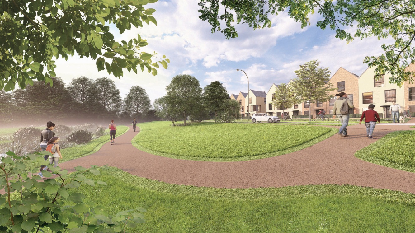 A CGI of people walking and cycling on paths around a housing estate