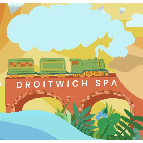 Illustrative artwork of steam train riding across a bridge