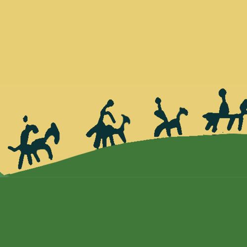 Illustrative artwork of four donkeys being ridden over a hill