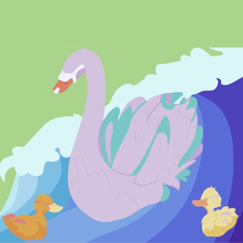 Illustrative artwork of a white swan a two cygnets in water