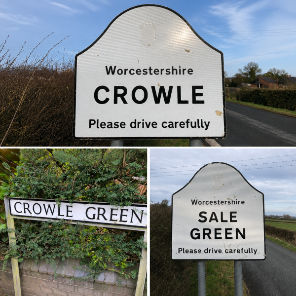 Three roads signs in a collage with the names Crowle, Crowle Green and Sale Green on them.