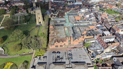 A shot of the Riverside shopping centre site from above.